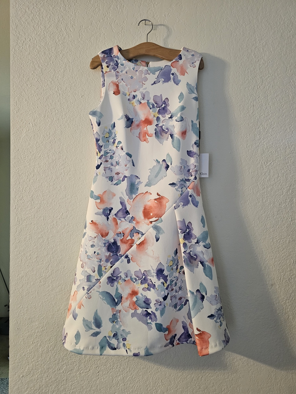 Calvin Klein White Dress with Coral, Lavender & Blue Watercolor Florals